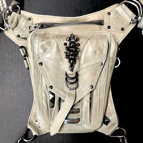 Jungle Tribe Belt Bag Gray Leather Studded Utility Crossbody Handbag Fanny Pack - Picture 4 of 17